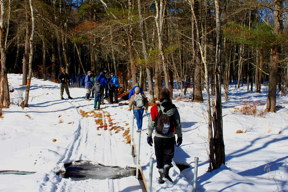 Winter Hikers crossing Forest Stream