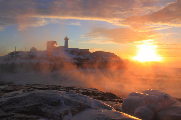 Nubble Lighthouse Sea Smoke Sunrise