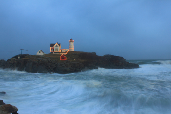 Nubble Lighthouse High Surf Holiday Lights 9034
