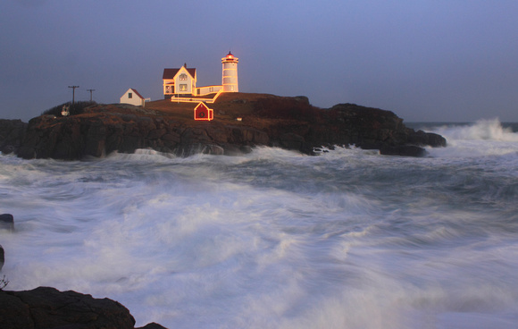Nubble Lighthouse High Surf Holiday Lights