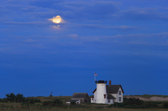 Stage Harbor Lighthouse Full Moon and Clouds horiz