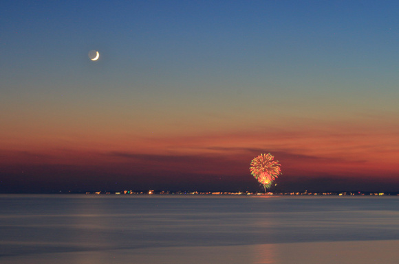 Cape Cod Bay Crescent Moon and Provincetown Fireworks 7506