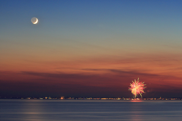 Cape Cod Bay Crescent Moon and Provincetown Fireworks