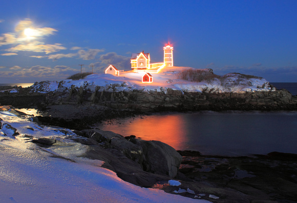 Nubble Lighthouse Winter Moon and Snow Reflections