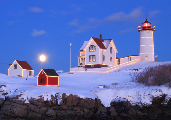 Nubble Lighthouse Holiday Lights Moon